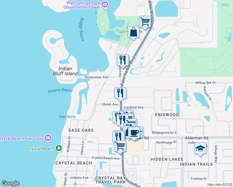 map of restaurants, bars, coffee shops, grocery stores, and more near 524 Rebstock Boulevard in Palm Harbor