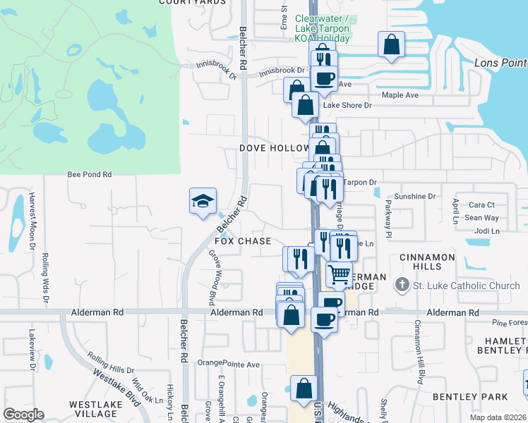 map of restaurants, bars, coffee shops, grocery stores, and more near 2375 Fox Chase Boulevard in Palm Harbor
