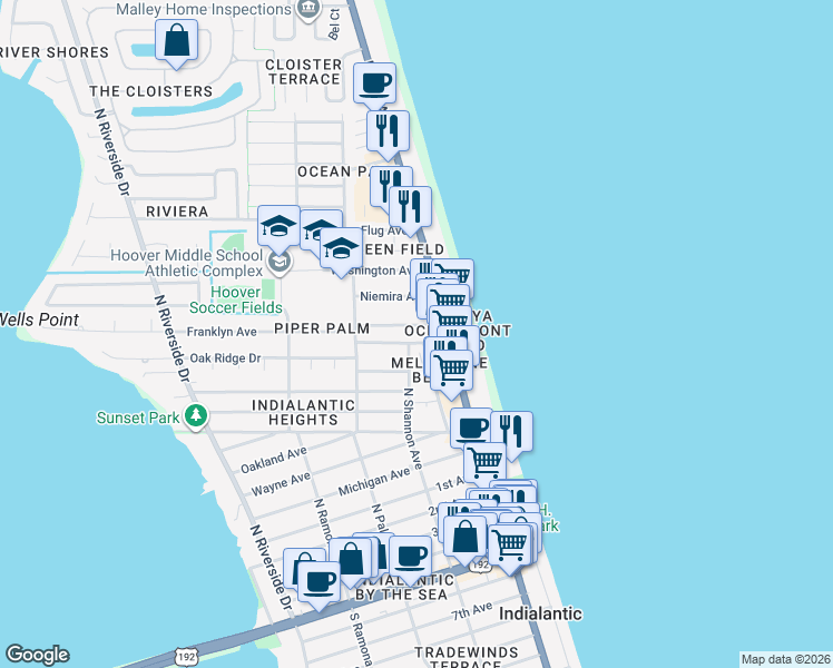 map of restaurants, bars, coffee shops, grocery stores, and more near 112 Franklyn Avenue in Indialantic