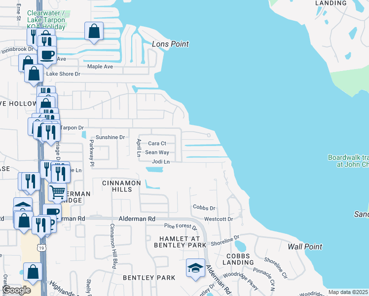 map of restaurants, bars, coffee shops, grocery stores, and more near 3124 Mildred Drive in Palm Harbor