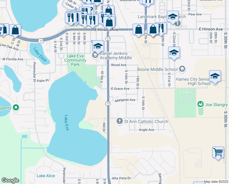 map of restaurants, bars, coffee shops, grocery stores, and more near 1001 East Grace Avenue in Haines City