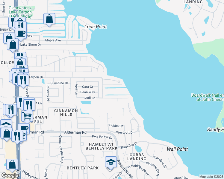 map of restaurants, bars, coffee shops, grocery stores, and more near 3133 North Canal Drive in Palm Harbor