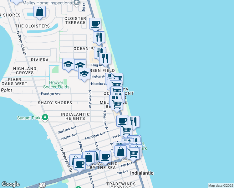 map of restaurants, bars, coffee shops, grocery stores, and more near 960 North Highway A1A in Indialantic