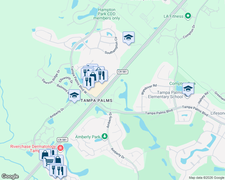 map of restaurants, bars, coffee shops, grocery stores, and more near 17115 Bruce B Downs Boulevard in Tampa