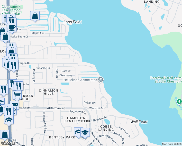 map of restaurants, bars, coffee shops, grocery stores, and more near 3154 Mildred Drive in Palm Harbor