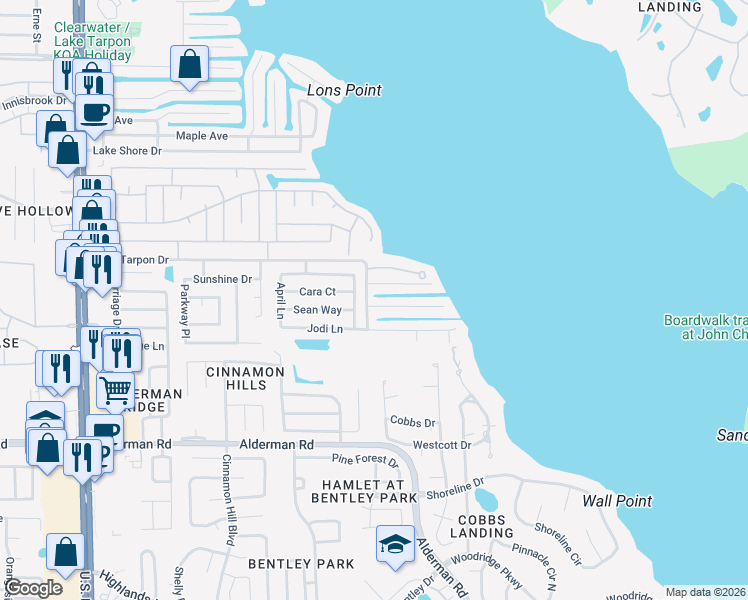 map of restaurants, bars, coffee shops, grocery stores, and more near 3124 Mildred Drive in Palm Harbor