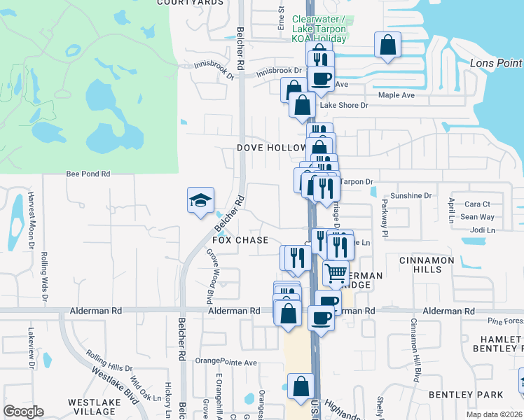map of restaurants, bars, coffee shops, grocery stores, and more near 2375 Fox Chase Boulevard in Palm Harbor