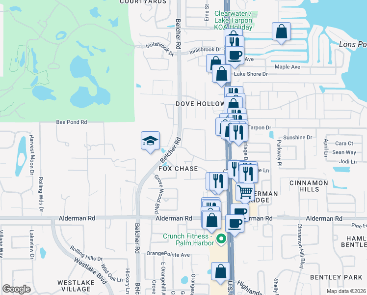 map of restaurants, bars, coffee shops, grocery stores, and more near 2836 Fox Chase Boulevard in Palm Harbor
