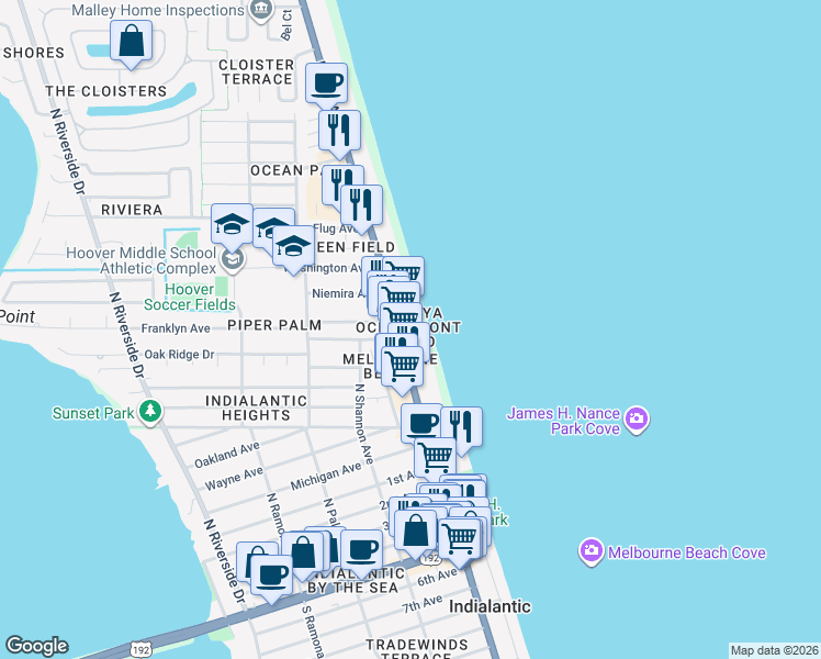 map of restaurants, bars, coffee shops, grocery stores, and more near 955 North Highway A1A in Indialantic