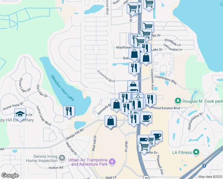 map of restaurants, bars, coffee shops, grocery stores, and more near 1510 Big Oaks Drive in Lakeland
