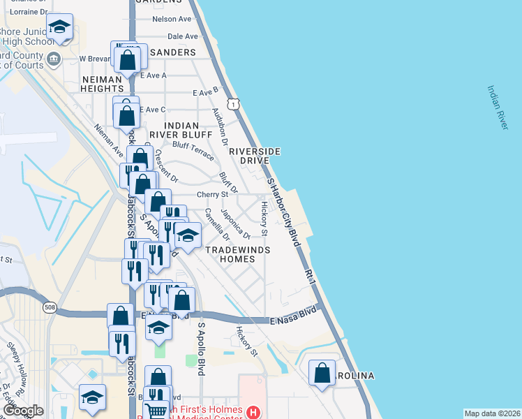 map of restaurants, bars, coffee shops, grocery stores, and more near 401 Cherry Street in Melbourne