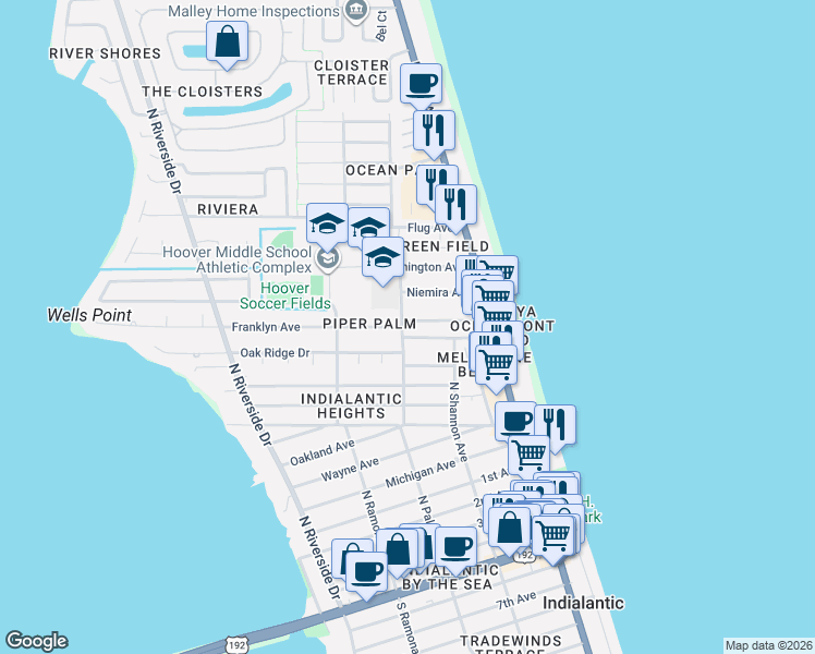 map of restaurants, bars, coffee shops, grocery stores, and more near 132 Franklyn Avenue in Indialantic