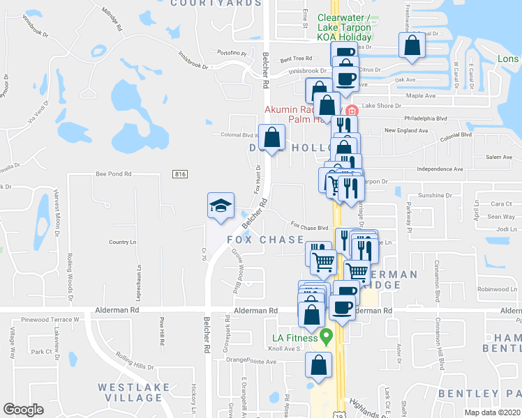 map of restaurants, bars, coffee shops, grocery stores, and more near 2474 Belcher Road in Palm Harbor