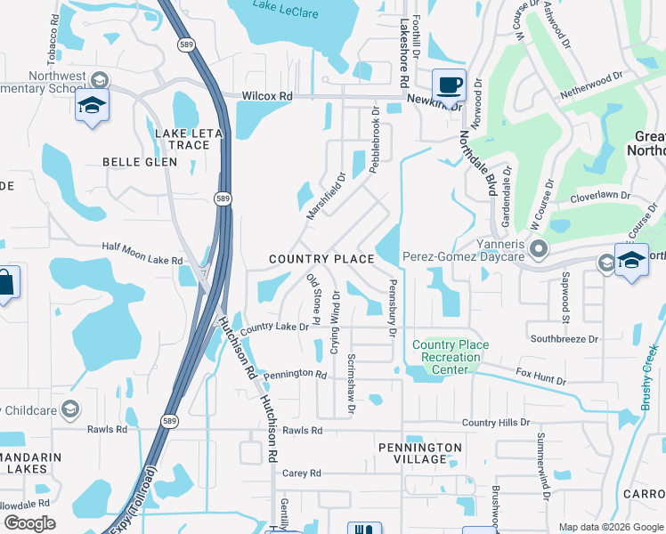 map of restaurants, bars, coffee shops, grocery stores, and more near 15925 Crying Wind Drive in Tampa