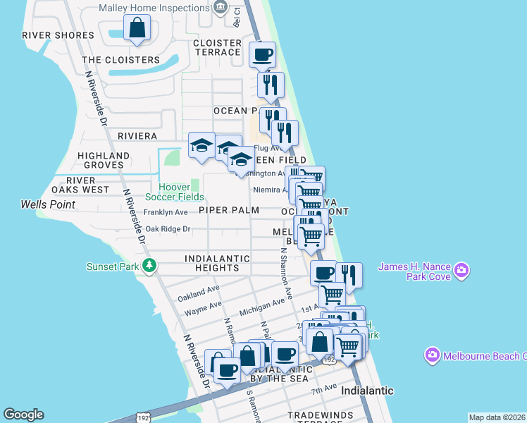 map of restaurants, bars, coffee shops, grocery stores, and more near 132 Franklyn Avenue in Indialantic