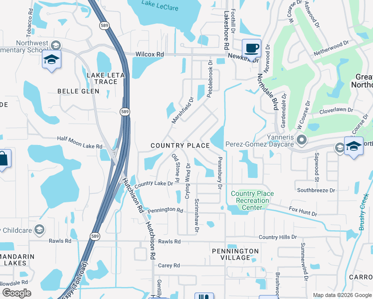 map of restaurants, bars, coffee shops, grocery stores, and more near 15925 Crying Wind Drive in Tampa