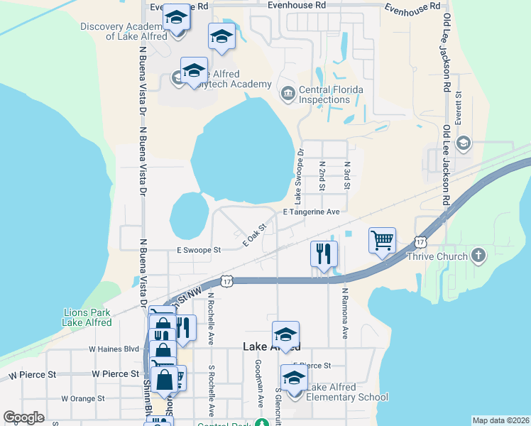 map of restaurants, bars, coffee shops, grocery stores, and more near 490 East Twin Lakes Road in Lake Alfred