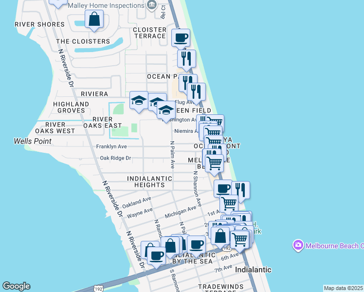 map of restaurants, bars, coffee shops, grocery stores, and more near 132 Franklyn Avenue in Indialantic