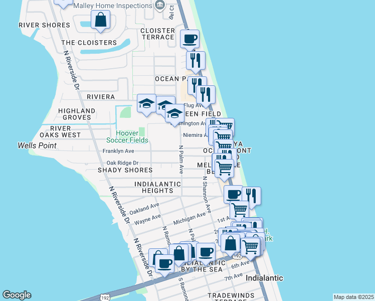 map of restaurants, bars, coffee shops, grocery stores, and more near 132 Franklyn Avenue in Indialantic