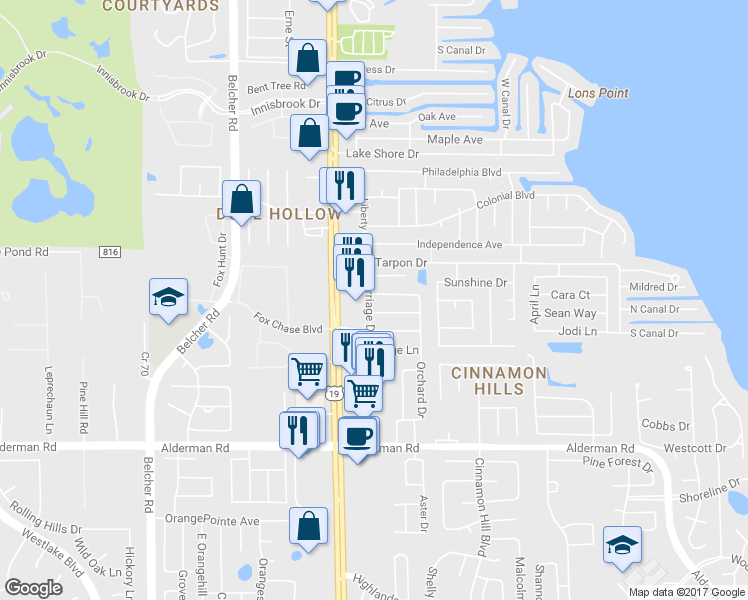 map of restaurants, bars, coffee shops, grocery stores, and more near 2564 Surrey Drive in Palm Harbor
