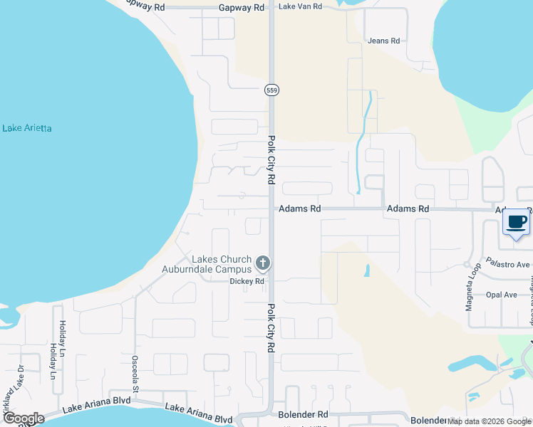 map of restaurants, bars, coffee shops, grocery stores, and more near 100 Adams Road in Auburndale