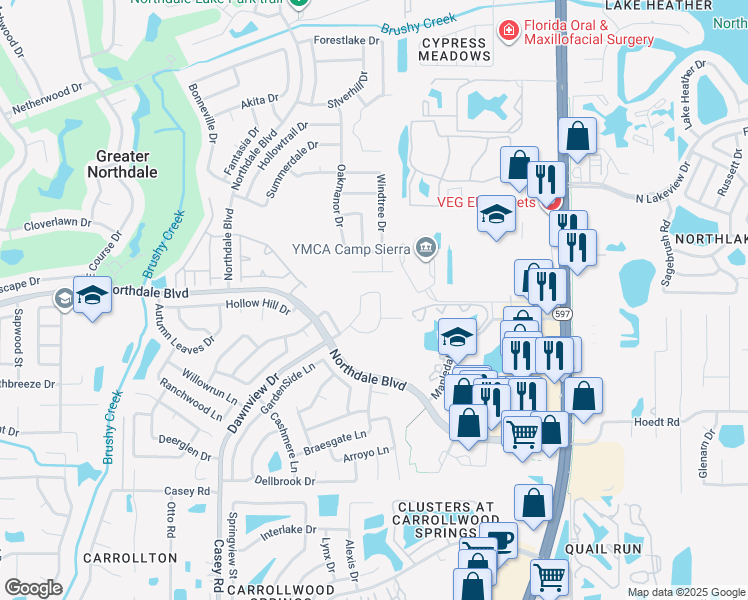 map of restaurants, bars, coffee shops, grocery stores, and more near 16077 Dawnview Drive in Tampa