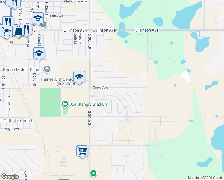map of restaurants, bars, coffee shops, grocery stores, and more near 4026 Grace Avenue in Haines City