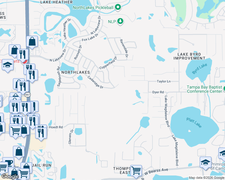 map of restaurants, bars, coffee shops, grocery stores, and more near 2808 Cedaridge Drive in Tampa