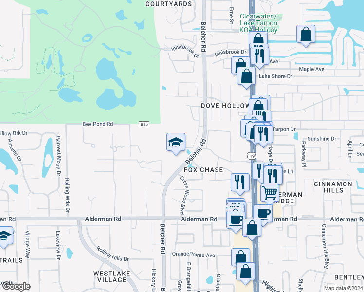 map of restaurants, bars, coffee shops, grocery stores, and more near 2197 Fox Chase Boulevard in Palm Harbor