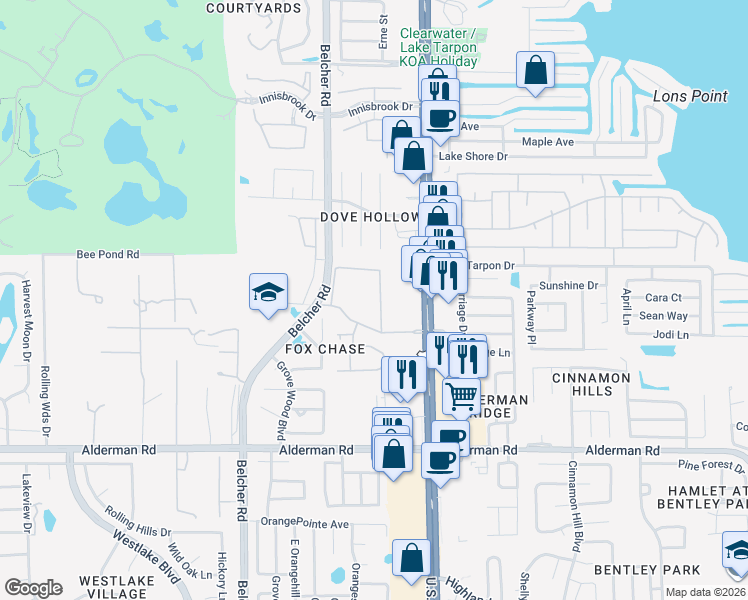 map of restaurants, bars, coffee shops, grocery stores, and more near 3241 Fox Chase Circle in Palm Harbor