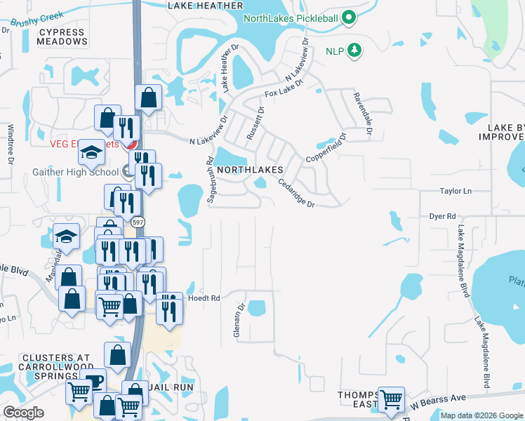 map of restaurants, bars, coffee shops, grocery stores, and more near 16101 Sagebrush Road in Tampa