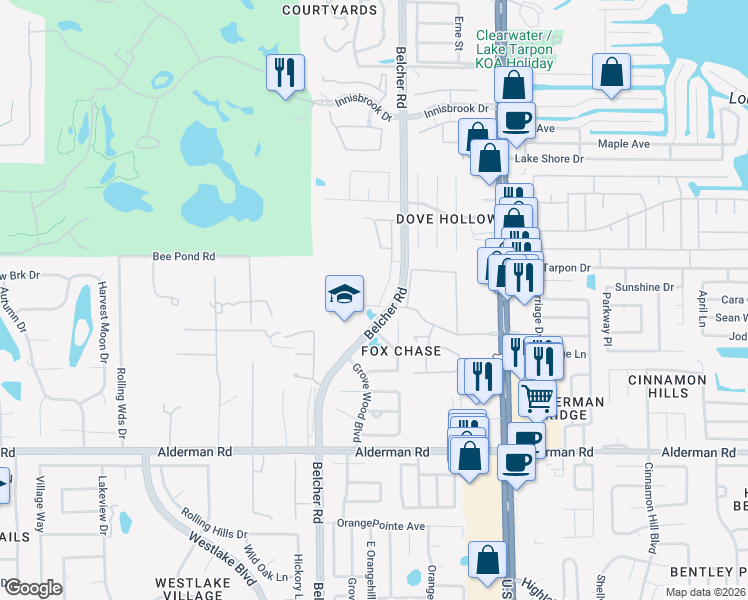 map of restaurants, bars, coffee shops, grocery stores, and more near 2197 Fox Chase Boulevard in Palm Harbor
