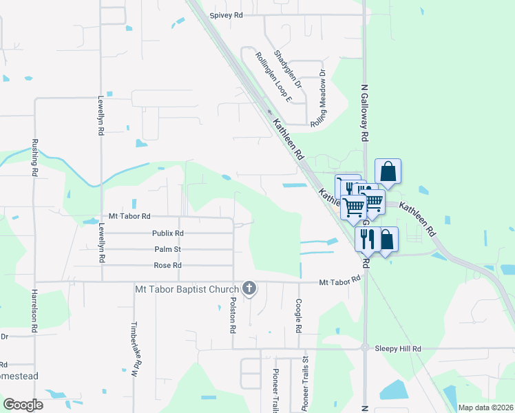 map of restaurants, bars, coffee shops, grocery stores, and more near 3389 Mount Tabor Road in Lakeland