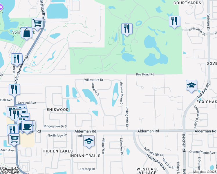 map of restaurants, bars, coffee shops, grocery stores, and more near 3223 Harvest Moon Drive in Palm Harbor