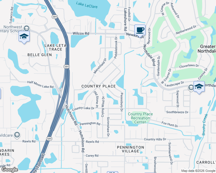 map of restaurants, bars, coffee shops, grocery stores, and more near 4935 Pennsbury Drive in Tampa