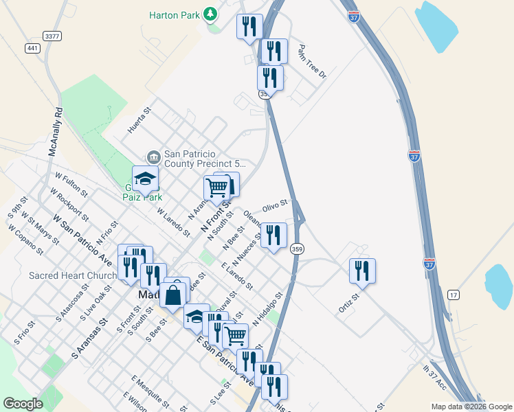 map of restaurants, bars, coffee shops, grocery stores, and more near 837 Olivo Street in Mathis