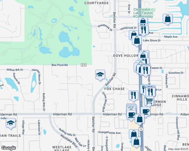 map of restaurants, bars, coffee shops, grocery stores, and more near 2101 Fox Chase Boulevard in Palm Harbor
