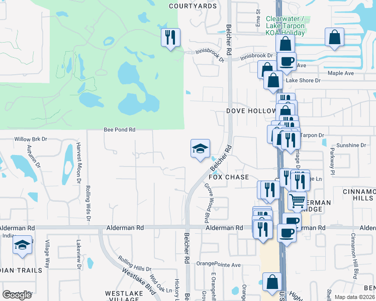 map of restaurants, bars, coffee shops, grocery stores, and more near 2101 Fox Chase Boulevard in Palm Harbor