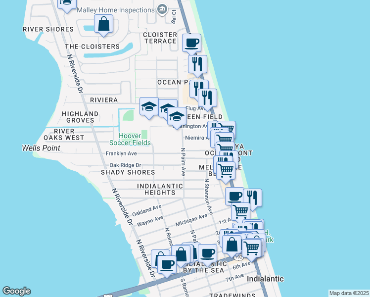 map of restaurants, bars, coffee shops, grocery stores, and more near 132 Franklyn Avenue in Indialantic