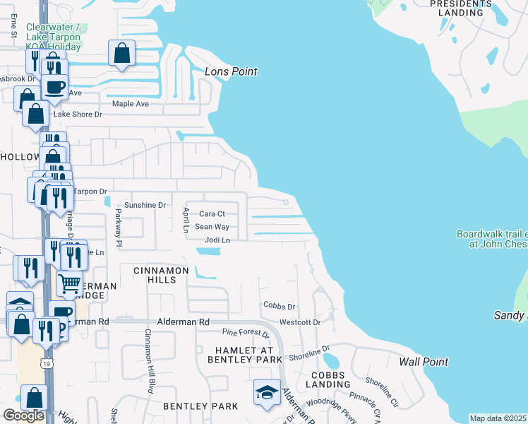 map of restaurants, bars, coffee shops, grocery stores, and more near 3124 Mildred Drive in Palm Harbor