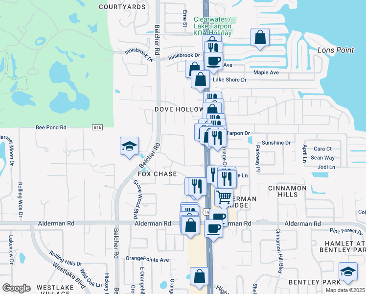 map of restaurants, bars, coffee shops, grocery stores, and more near 203 Fox Chase Circle in Palm Harbor
