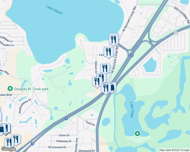 map of restaurants, bars, coffee shops, grocery stores, and more near 135 Kenilwood Lane in Lakeland