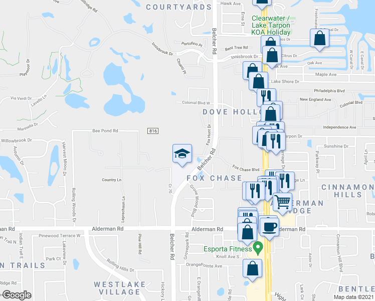 map of restaurants, bars, coffee shops, grocery stores, and more near 2183 Fox Chase Boulevard in Palm Harbor