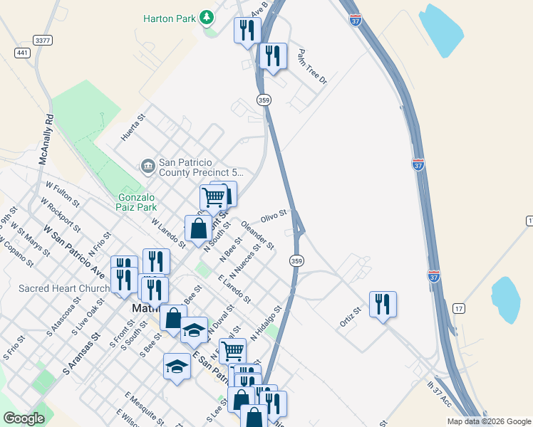 map of restaurants, bars, coffee shops, grocery stores, and more near 837 Olivo Street in Mathis
