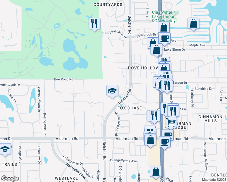 map of restaurants, bars, coffee shops, grocery stores, and more near 2183 Fox Chase Boulevard in Palm Harbor