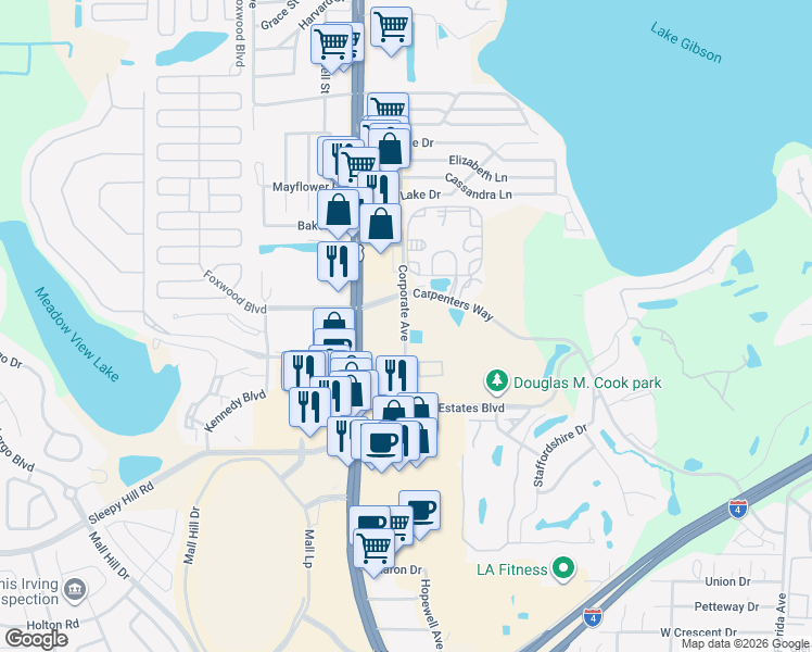 map of restaurants, bars, coffee shops, grocery stores, and more near 4435 US Highway 98 North in Lakeland