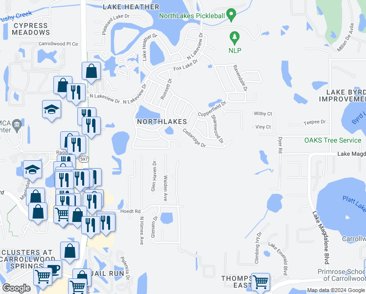 map of restaurants, bars, coffee shops, grocery stores, and more near 16119 Sandcrest Way in Tampa