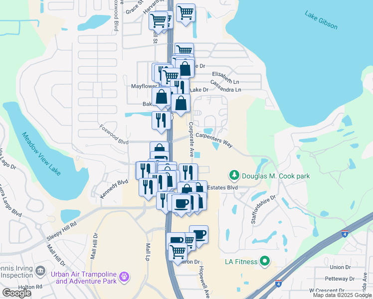 map of restaurants, bars, coffee shops, grocery stores, and more near 4435 US Highway 98 North in Lakeland