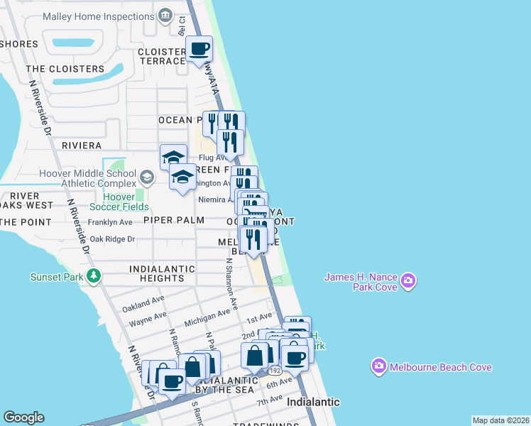 map of restaurants, bars, coffee shops, grocery stores, and more near 955 North Highway A1A in Indialantic