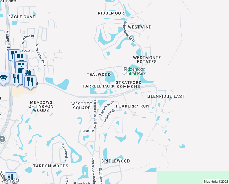 map of restaurants, bars, coffee shops, grocery stores, and more near 3352 Dunemoor Court in Palm Harbor